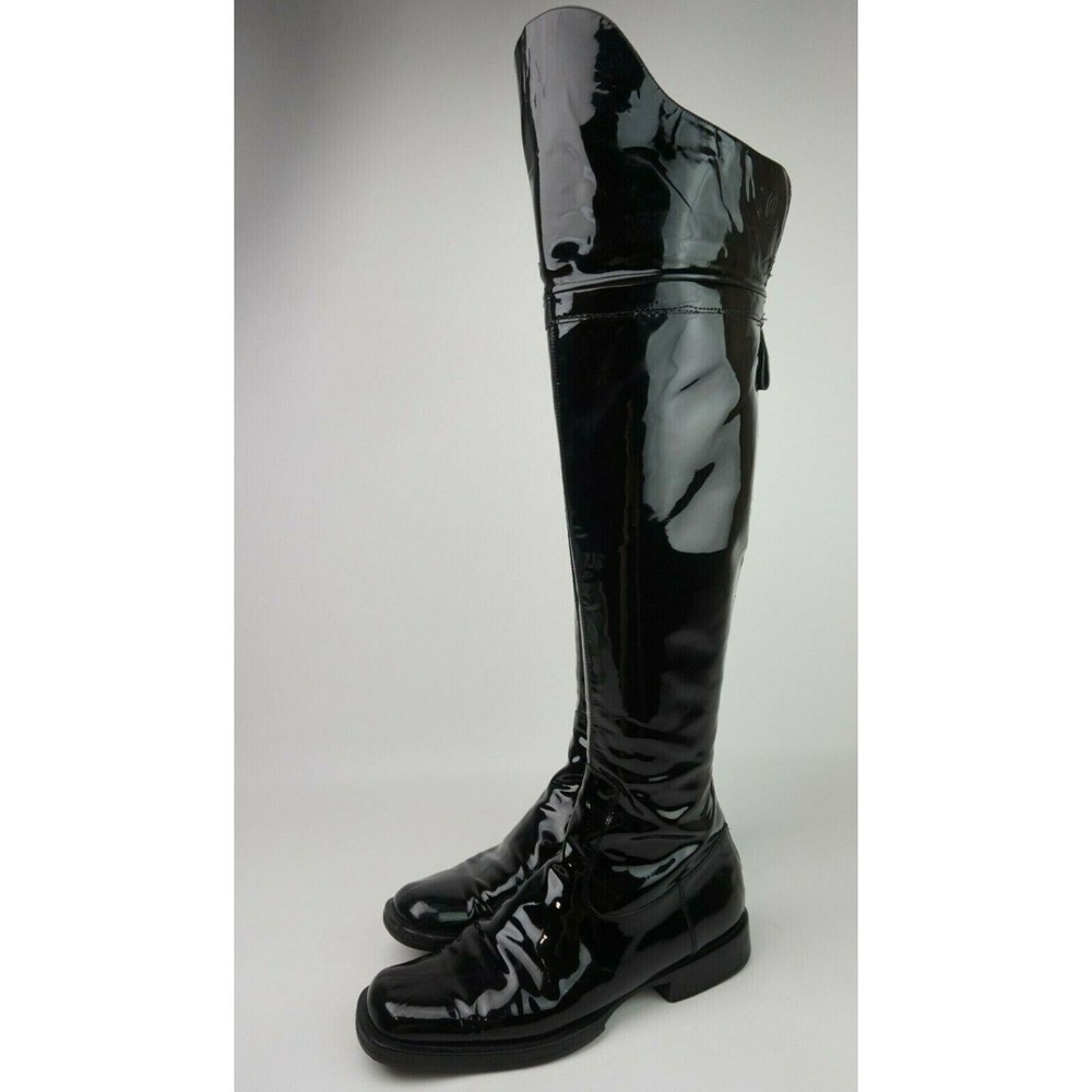 Chanel Women's Black Patent Leather Over The Knee CC Boots Size 36 - Picture 2 of 12
